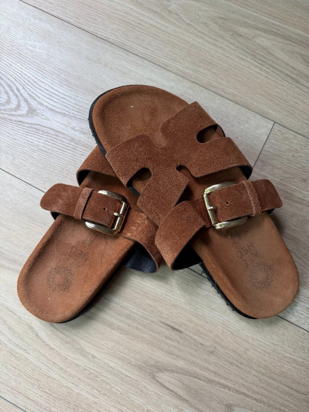 ATE NEO Handmade Greek Brown Suede Slide Sandals Gold Buckle EU 39